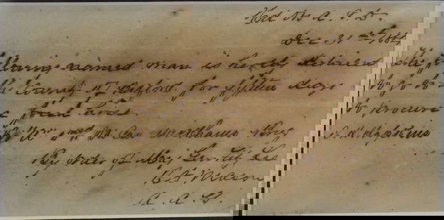 CONFEDERATE 1864 FRAMED DOCUMENT BY A.P. MASON: The document, dated December 31, 1864, details the assignment of an "named man" to travel to Bedford County for fifteen days to "procure a fresh horse." By order of Robert E Lee. Signed Arthur Pendlet