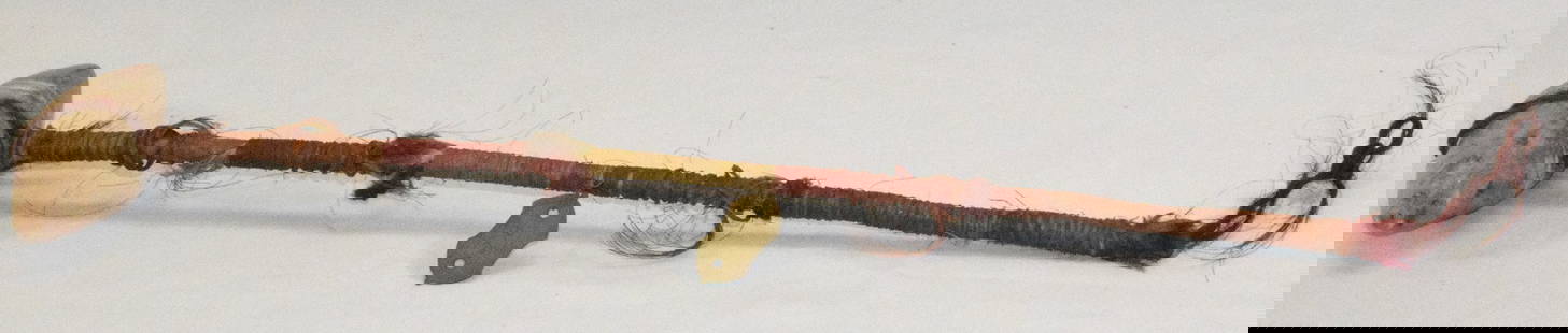 19TH PLAINS NATIVE AMERICAN WAR CLUB: Plains Indian war club with carved bi-point stone and colored horse hair handle, 19th Century. 21 1/2"H x 5"W. Wrap missing on stone. Visible in photos. Original condition.