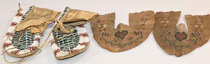 19TH PLAINS INDIAN BEADED HIDE MOCCASINS & TOPS