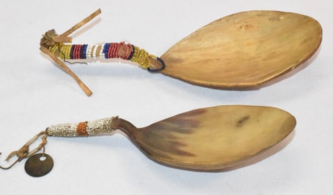 (2) PLAINS HORN SPOONS WITH BEADED WRAPPED HANDLES
