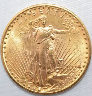 1924 U.S. SAINT-GAUDENS DOUBLE EAGLE GOLD COIN: The coin features the reverse design by Augustus Saint-Gaudens, depicting an eagle in flight with the inscription " UNITED STATES OF AMERICA - TWENTY DOLLARS " and " IN GOD WE TRUST ". And on the othe