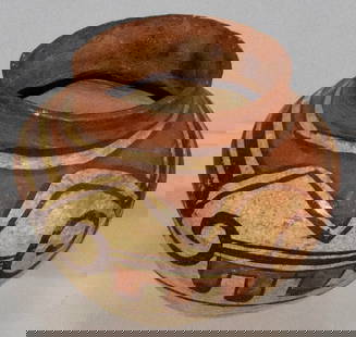 19TH HOPI SMALL POTTERY JAR OR VASE.: 19th Hopi Polacca or Acoma polychrome pottery jar. Squat form, hand painted with geometric designs. The neck with scalloped and bands. 2 1/2 inches tall. Various stuffs, craquelure and a hole inside t