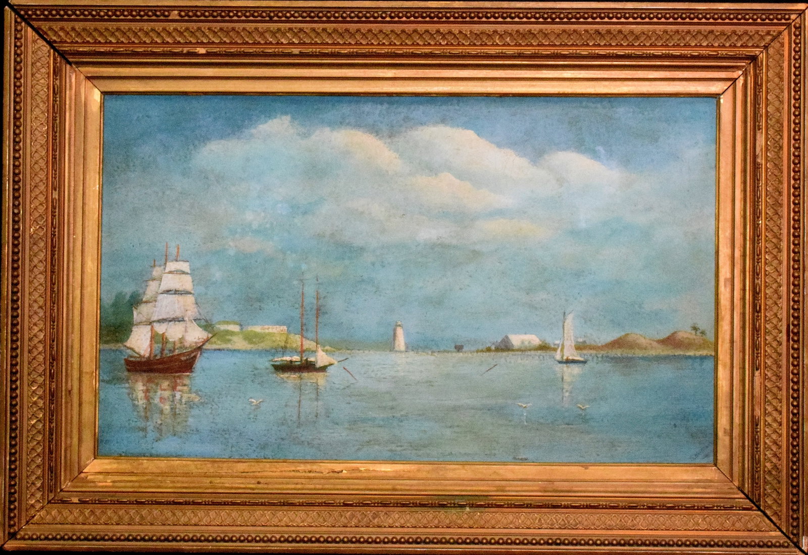 S. KNITTAKER NAUTICAL LIGHTHOUSE OIL PAINTING: Signed lower right S. Knittaker. Oil on board. Identified on back as view of Whales Rock Lighthouse off Rhode Islands Narragansett. Image 24 inches x 14 1/2 inches. Frame 31 inches x 21inches.