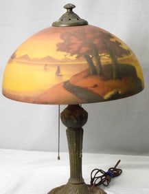 ANTIQUE SCENIC REVERSE PAINTED SUNSET TABLE LAMP