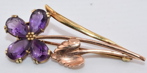 14K GOLD & AMETHYST FLOWER PIN
