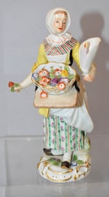 19TH C MEISSEN PORCELAIN FLOWER TRADING WOMAN FIGURE