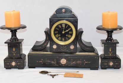 19TH C C.P. MERES MANTLE CLOCK AND GARNITURES