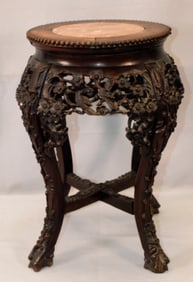 CHINESE CARVED WOOD & MARBLE FERN STAND