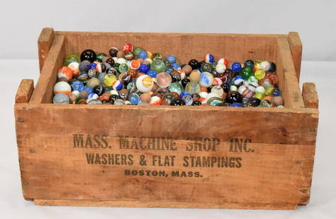 LARGE COLLECTION VINTAGE GLASS UNSORTED MARBLES: Approx. 2000. Great fun grouping of vintage glass marbles. Unsorted. Marbles are not graded. Various conditions. Various colors and makers. Weight 29.5 pounds in wooden box. Old wooden box. From an es