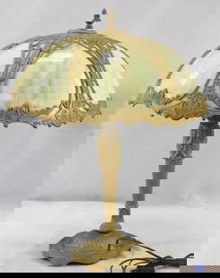 MILLER  6 PANEL ART NOUVEAU SLAG GLASS TABLE LAMP: Green slag glass dome shape shade with ornate overlay decoration and ornate base. Base signed Miller, Meriden Ct. #S100 and 30147. Metal base. Shade measures approximately 18 inches. Lamp measures app