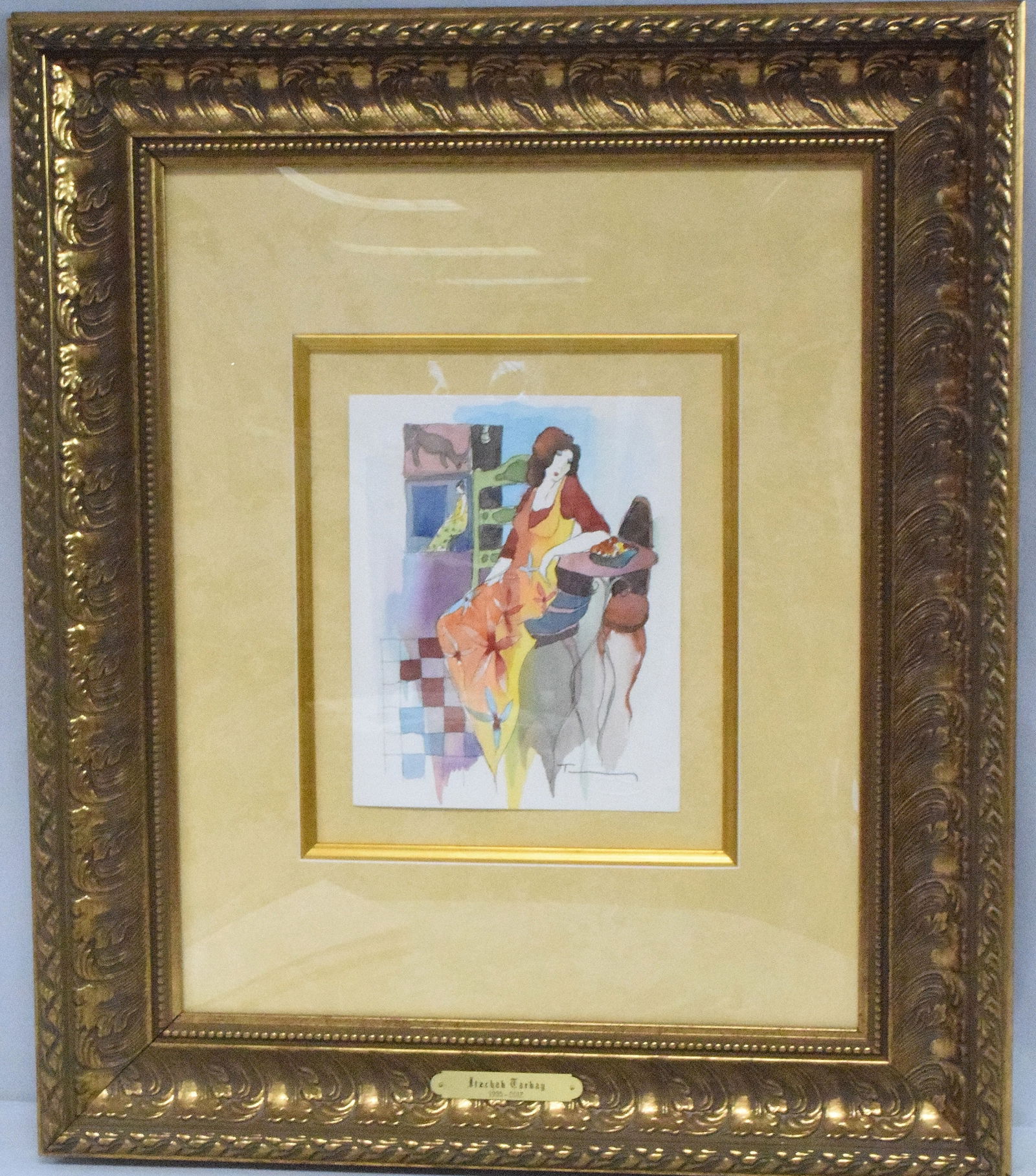 ITZCHAK TARKAY (1935-2012) MIXED MEDIA PAINTING: Itzchak (Isaac) Tarkay (1935 - 2012) was active/lived in Serbia, Israel. Image 7 1/2 x 9 1/2 inches. Framed and matted under glass. Frame 22 inches x 26 inches. Signed lower right with seal. Has COA.