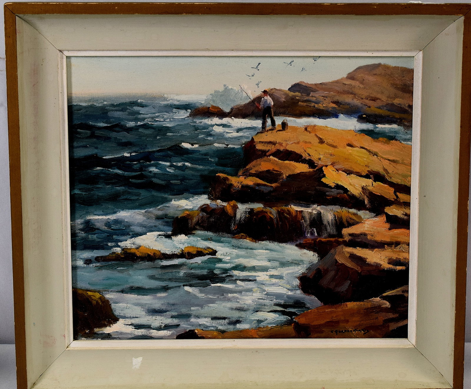 CHARLES GORDAN HARRIS FISHING OIL PAINTING: Charles Gordon Harris. Rhode Island, 1891-1963. Depicts man fishing off the rocks. Original label Titled The Fisherman. Dated 7/18/63. Signed lower right. C Gordan Harris. Oil on board 14 inches x12 i