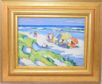 ROGER J BARRON OIL ON BOARD BEACH PAINTING