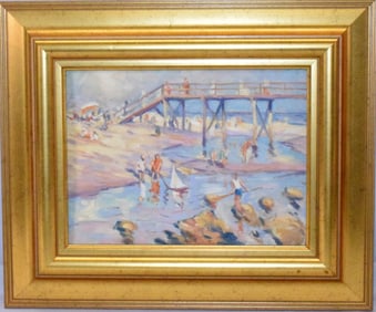 ROGER J BARRON OIL ON BOARD BEACH PAINTING