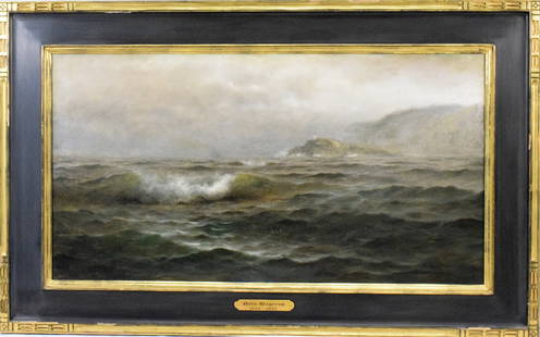 NELS HAGERUP (1864-1922) SEASCAPE OIL PAINTING: Nels Hagerup (1864-1922 California, America) ''Coastal Scene'' Oil on Canvas 18''x30'' Image. Seascape composition with lighthouse and breaking waves. Signed lower left with frame plaque. Nicevintage