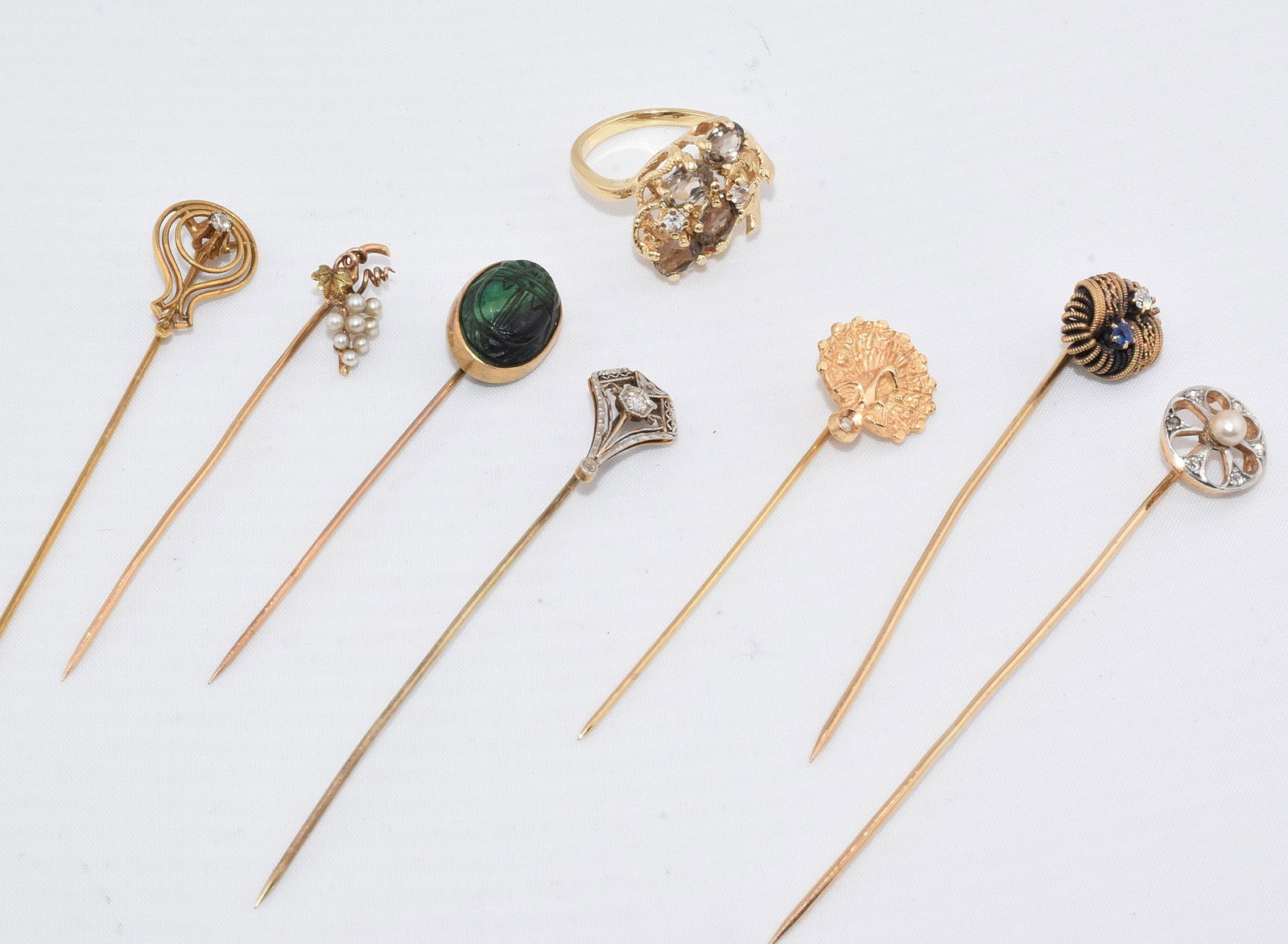 14K YELLOW GOLD GEMSTONE RING & 7 GOLD STICKPINS