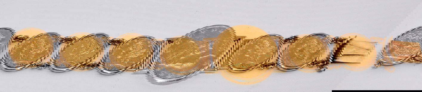 VACHERON CONSTANTIN GOLD COIN WRIST WATCH: Twenty Dollar Gold Coin flip US 1896 coin with Vacheron Constantin Geneve movement wrist watch. 8 3/8 inches long. Link made up of 5 US Liberty head gold coins. Dates 1881, 1885s, 1886s, 1893, & 1900.