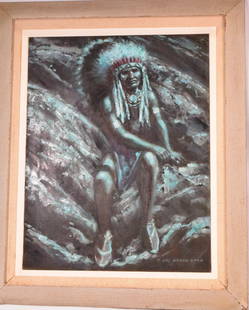 JOE WANO-GANO NOCTURNAL SOLILOQUY OIL PAINTING: Joe Theodore Waano-Gano (1906 - 1982) was active/lived in California. Joe Waano Gano is known for Landscape and Indian figure painting, textile design, commercial art.. Titled on thebacking canvas. Th