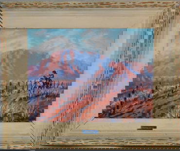 JOE WAANO-GANO BLUSHING BUTTES OIL PAINTING: Joe Theodore Waano-Gano (1906 - 1982) was active/lived in California. Joe Waano Gano is known for Landscape and Indian figure painting, textile design, commercial art.. Titled on theframe. This painti