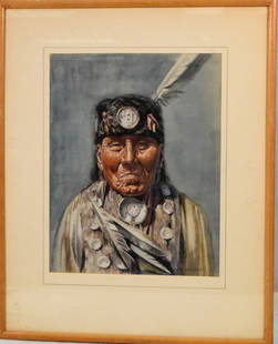JOE WAANO-GANO VICTOR TOM CROW PAINTING: Joe Theodore Waano-Gano (1906 - 1982) was active/lived in California. Joe Waano Gano is known for Landscape and Indian figure painting, textile design, commercial art.. This painting isTitled Tom Crow