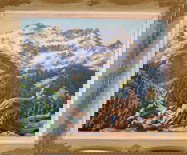 JOE WAANO-GANO ATOP SALMON MOUNTAIN OIL PAINTING: Joe Theodore Waano-Gano (1906 - 1982) was active/lived in California. Joe Waano Gano is known for Landscape and Indian figure painting, textile design, commercial art.. Titled on theback. This paintin