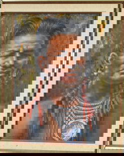 JOE WANO-GANO CHEYENNE BRAVE OIL PAINTING: Joe Theodore Waano-Gano (1906 - 1982) was active/lived in California. Joe Waano Gano is known for Landscape and Indian figure painting, textile design, commercial art.. Titled on thebacking board. Thi