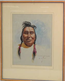 JOE WAANO-GANO VICTOR CHIEF COWARD PAINTING: Joe Theodore Waano-Gano (1906 - 1982) was active/lived in California. Joe Waano Gano is known for Landscape and Indian figure painting, textile design, commercial art.. This painting isTitled. Victor