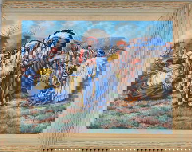 JOE WANO-GANO CEREMONIAL GATHERING OIL PAINTING: Joe Theodore Waano-Gano (1906 - 1982) was active/lived in California. Joe Waano Gano is known for Landscape and Indian figure painting, textile design, commercial art.. Titled on thebacking board. Thi