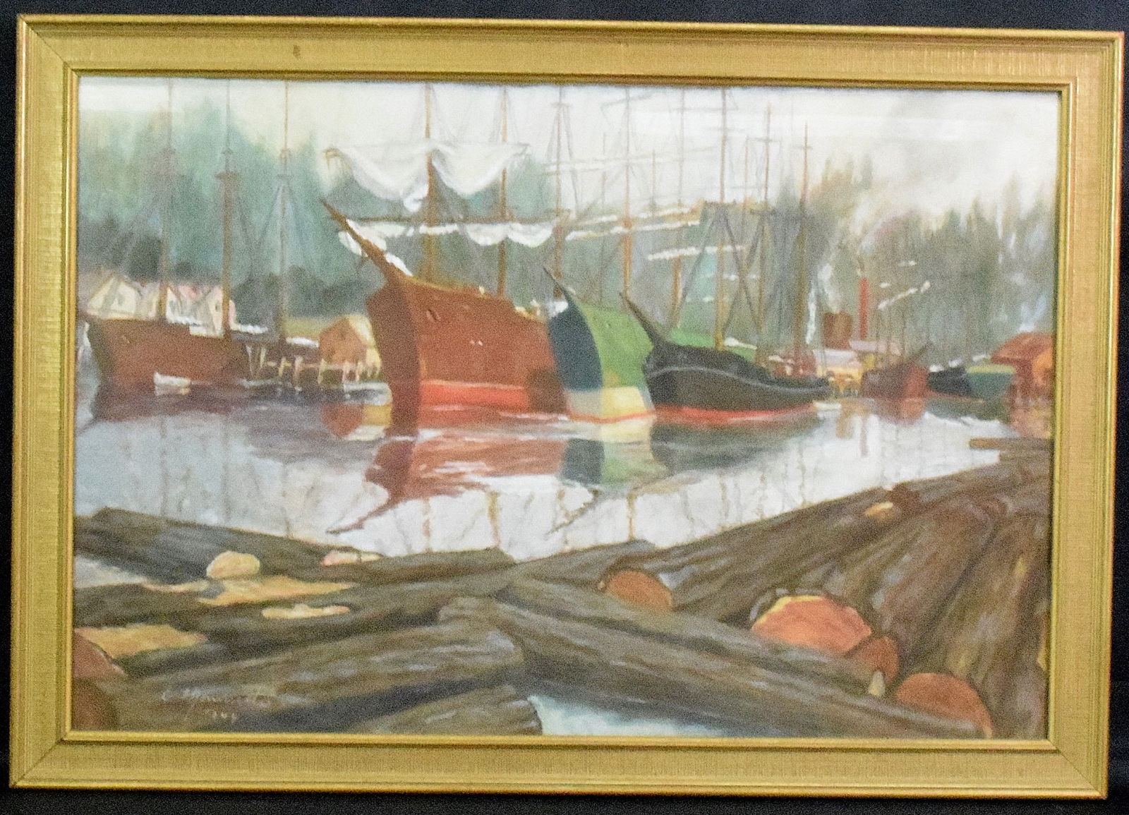 1944 PASTEL PAINTING OF BOATS IN HARBOR/LOGS: Pastel Painting of Boats In Harbor With Fallen Logs. Painted by artist E. Monnotte in 1944, Not examine out of frame. 5 pounds, Frame 27 1/2 inches long and 19 inches wide. Framed underglass. Good con