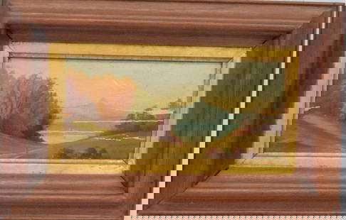 19TH/20TH NEW ENGLAND LANDSCAPE OIL PAINTING.: Looks like New Hampshire. Oil on panel. Old paper label on back. Painting is not signed on front. Original frame. Frame Walnut with gold gilt liner. Ca 1870's-1880's. Frame 13 1/2 inches x 9 inches. S