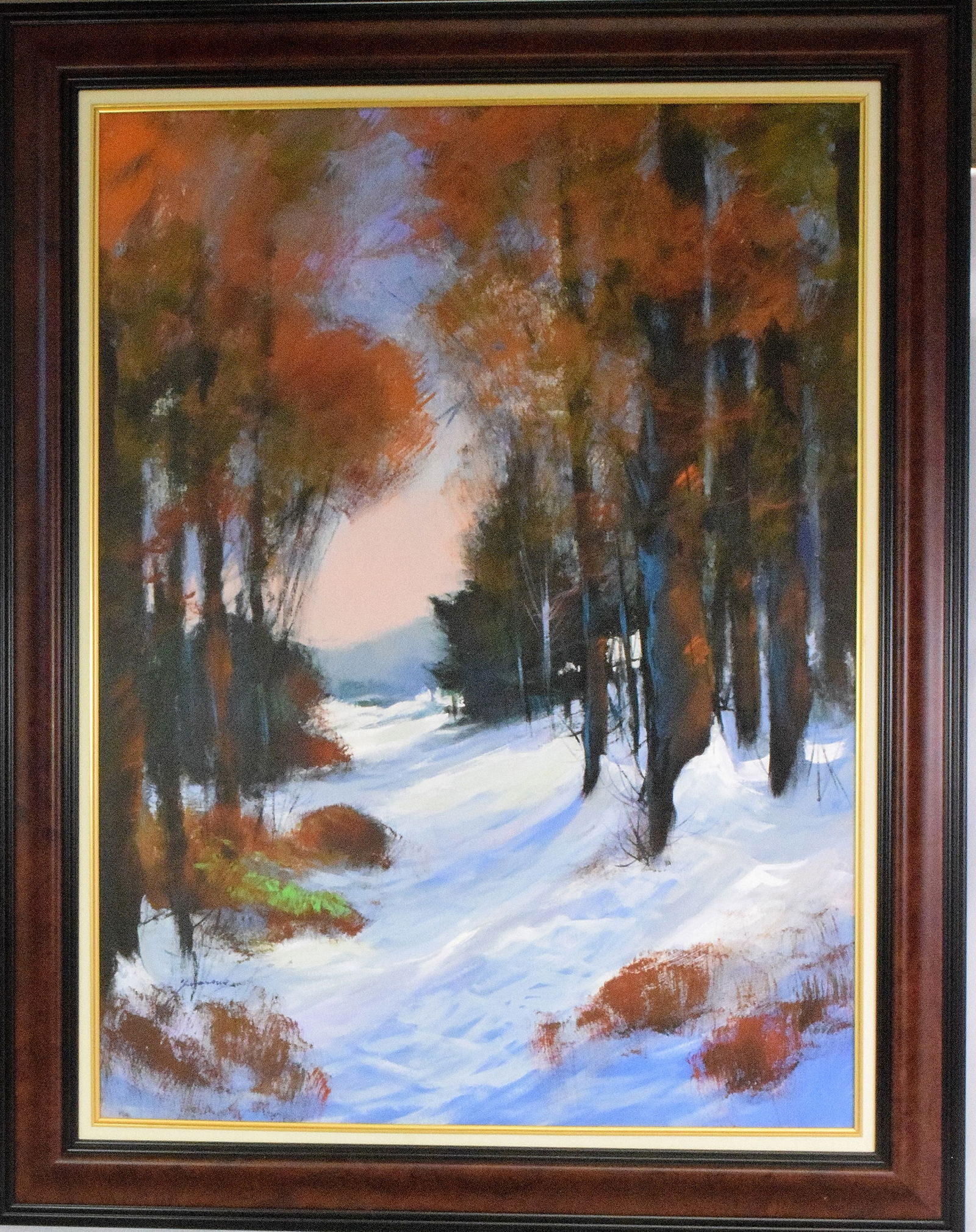 MICHEAL SCHOFIELD "WINTERS FIRST SNOW" PAINTING: Michael Schofield (Born 1947) was active/lived in Tennessee, California. Michael Schofield is known for Landscape painting, printmaking. Framed oil on canvas with COA. Image 30 inches x 40 inches.Fram