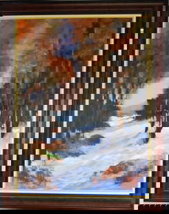 MICHEAL SCHOFIELD "WINTERS FIRST SNOW" PAINTING: Michael Schofield (Born 1947) was active/lived in Tennessee, California. Michael Schofield is known for Landscape painting, printmaking. Framed oil on canvas with COA. Image 30 inches x 40 inches.Fram