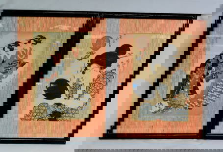 (2) UTAGAWA KUNISADA & KIKUKAWA EIZAN WOODBLOCKS: Consists of two early 19th century framed woodblock prints. 1) Utagawa Kunisada (1786-1865). From the series Thirty-Two Physiognomic Types in the Modern World. A woman holding a black lacquermirror ca