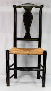 AMERICAN COUNTRY CHIPPENDALE SIDE CHAIR: Ca 1770-1780. American Country Queen Anne side chair. Pegged construction. Newer black paint with stenciling. Not original. No damage.