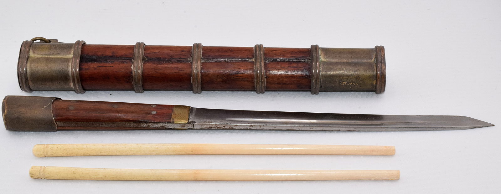 CHINESE 19TH/20TH TRAVEL CHOPSTICK & KNIFE SET: Chinese 19th/20th century traveling bone chopstick & knife set. Bamboo design. wood & nickel plated brass. No markings. 10 inches long. Good condition.