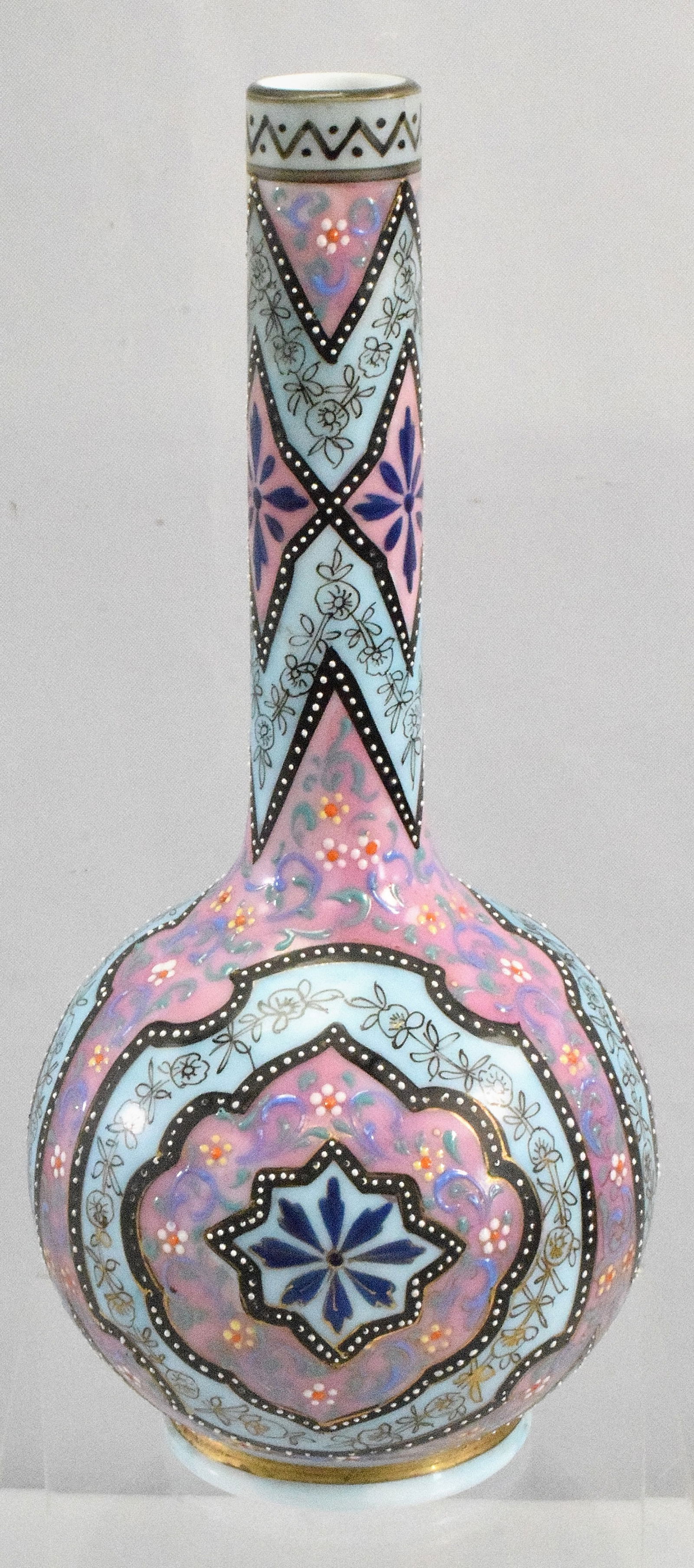 THOMAS WEBB MOROCCAN ENAMELED ART GLASS VASE: Thomas Webb Opaline Enameled Art Glass Vases. Late 19th Century. Hand painted enamel Moroccan or Persian pattern decoration in colors of blues, greens, pink and black on duck egg blue ground.Good cond