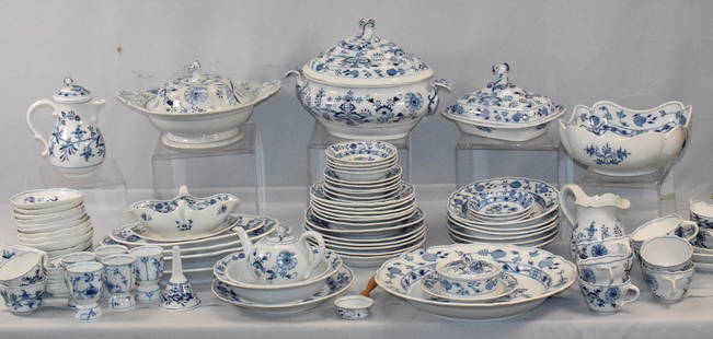 MEISSEN BLUE ONION DINNER SERVICE: Approx. 89 pieces tableware. Consists of 1) 6 soup bowls. 9 in. Good condition. MEISSEN in an oval mark. 2) 6 Dinner plates. 9.5 in. Good condition. MEISSEN in an oval mark. 3) 6 salad plates. 8 in. G