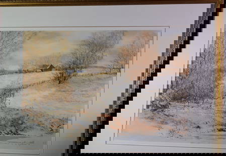 RALPH CLEMENSON WINTER LANDSCAPE WATERCOLOR: Ralph Clemenson (1922 - 2007) was active/lived in Pennsylvania. Ralph Clemenson is known for Painting. Watercolor on paper. Dated 91. Frame and matted under glass. Image 27 inches x 19 inches.Frame 38