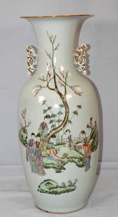 19TH CHINESE FAMILLE ROSE PORCELAIN FLOOR VASE: 19/20th century Chinese famille rose porcelain floor vase, Hand painted with 6 female figures in garden. Back side with Chinese script, hairlinecrack around top rim, 22 inches long x 10 inches wide. S