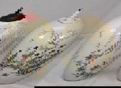 (2) 19th/20th CHINESE PORCELAIN LIDDED GINGER JARS: On two Chinese porcelain ginger jars. Consists of 1) 19/20th Chinese porcelain lidded ginger jar, good condition. Hand painted birds in branch motifs design, Chinese script on back, woodencover is a r