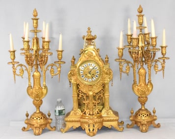 19TH FRENCH GILT BRONZE CLOCK THREE PIECE SET