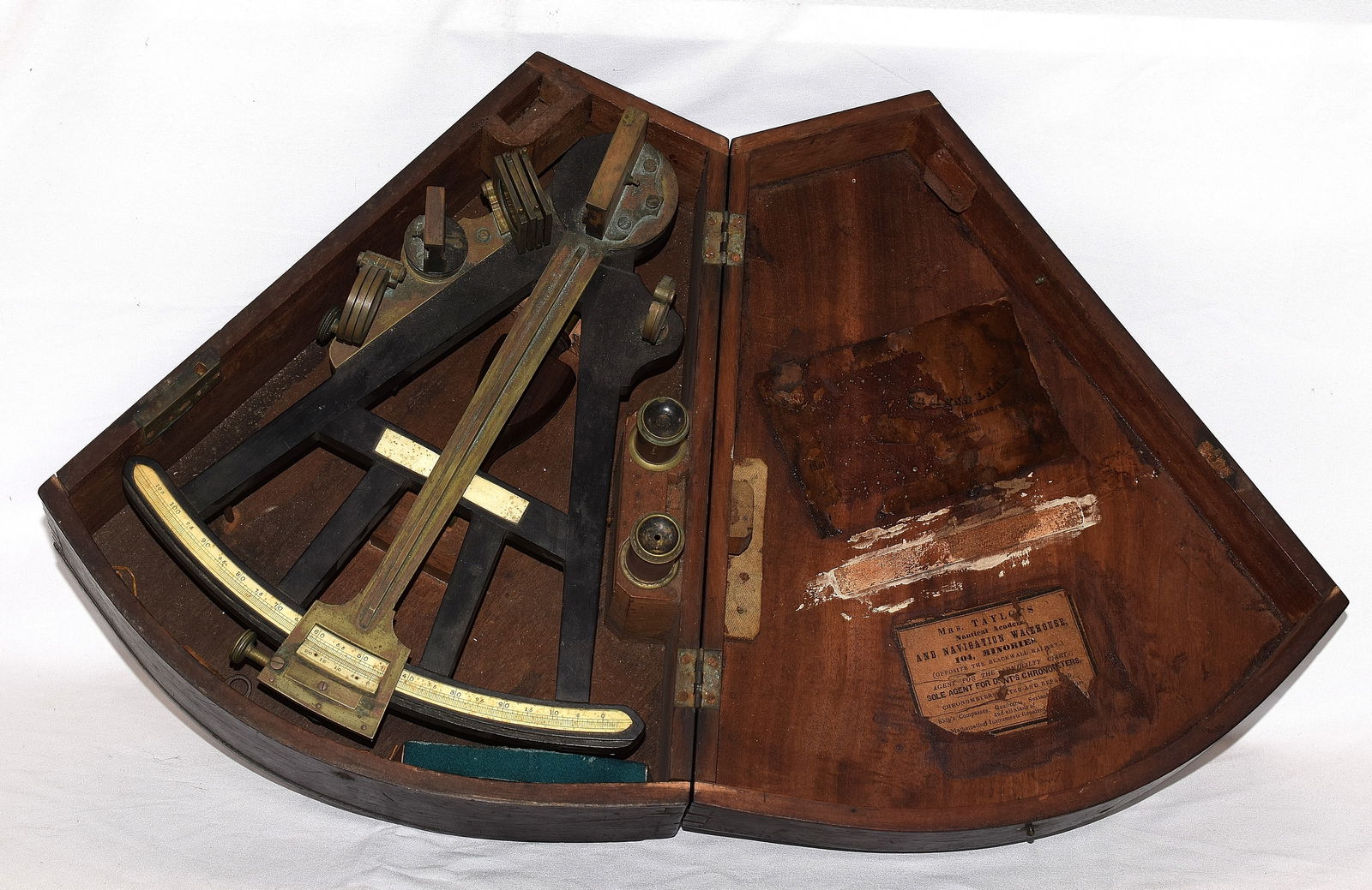 EARLY ORIGINAL NAUTICAL SHIPS SEXTANT: Original dovetail mahogany case. Ebony, brass and bone. Ca 1850's. Remains of original labels. Lot has a early signed santant manual book by Capt Thomas Sumner. Dated 1845. Sextant seems totallycomple