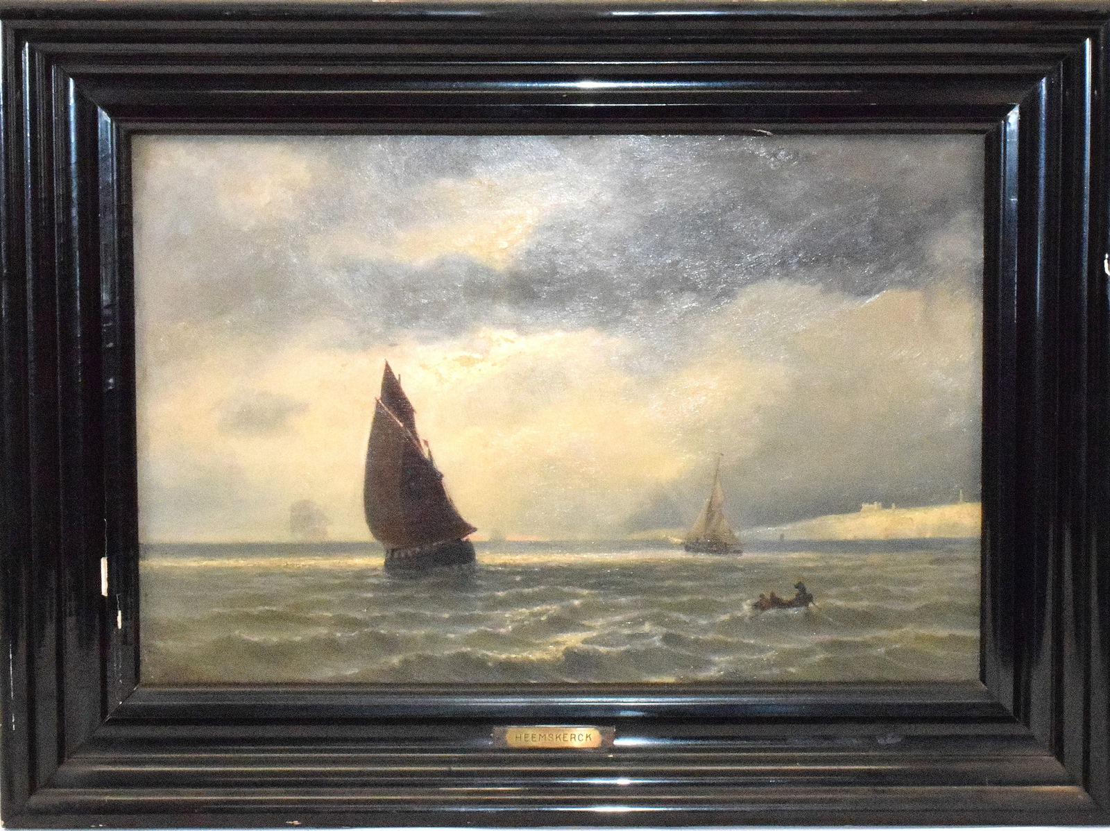 JACOB EDUARD VAN BEEST HEEMSKERK PAINTING: Jacob Eduard Van Heemskerk Van Beest (Dutch, 1828-1894) oil on board painting. Has brass plaque "HEEMSKERCK". Nautical scene with ships and row boat. Image 23 inches x 15 inches. Frame 30 inches x 20