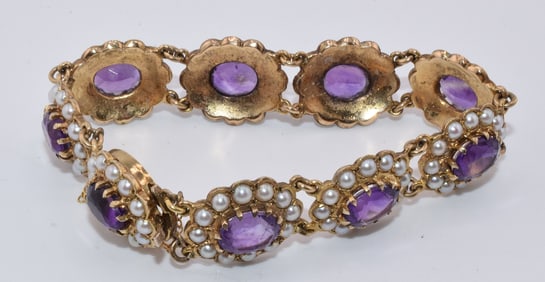 10k YELLOW GOLD AMETHYST AND PEARL BRACELET