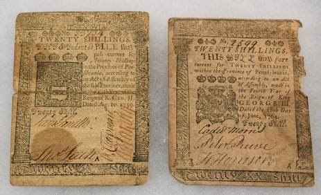 2 PRINTED BENJAMIN FRANKLIN PRINTED COLONIAL NOTES