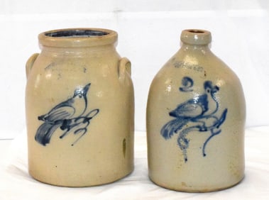 TWO 19TH COBALT BLUE BIRD STONEWARE CROCKS
