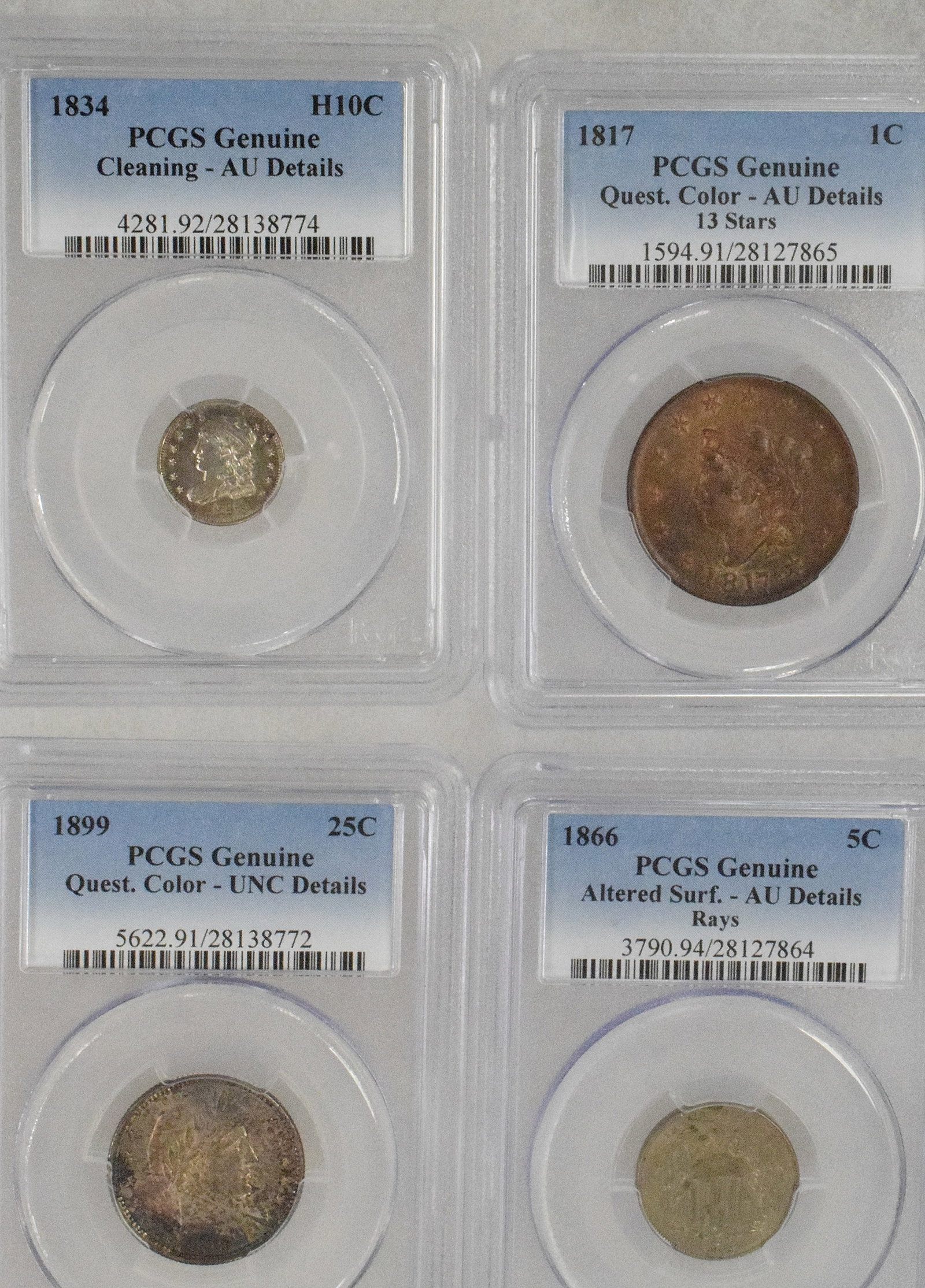 4 EARLY US GRADED COINS.: 1) 1817 US 1 cent copper coin. Graded by PCGS Genuine Quest. Color AU 13 Stars. Original case and sealed. 2) 1834 US silver half dime. Graded PCGS Genuine Cleaning-AU Details. 3) 1899 25 centbarber He