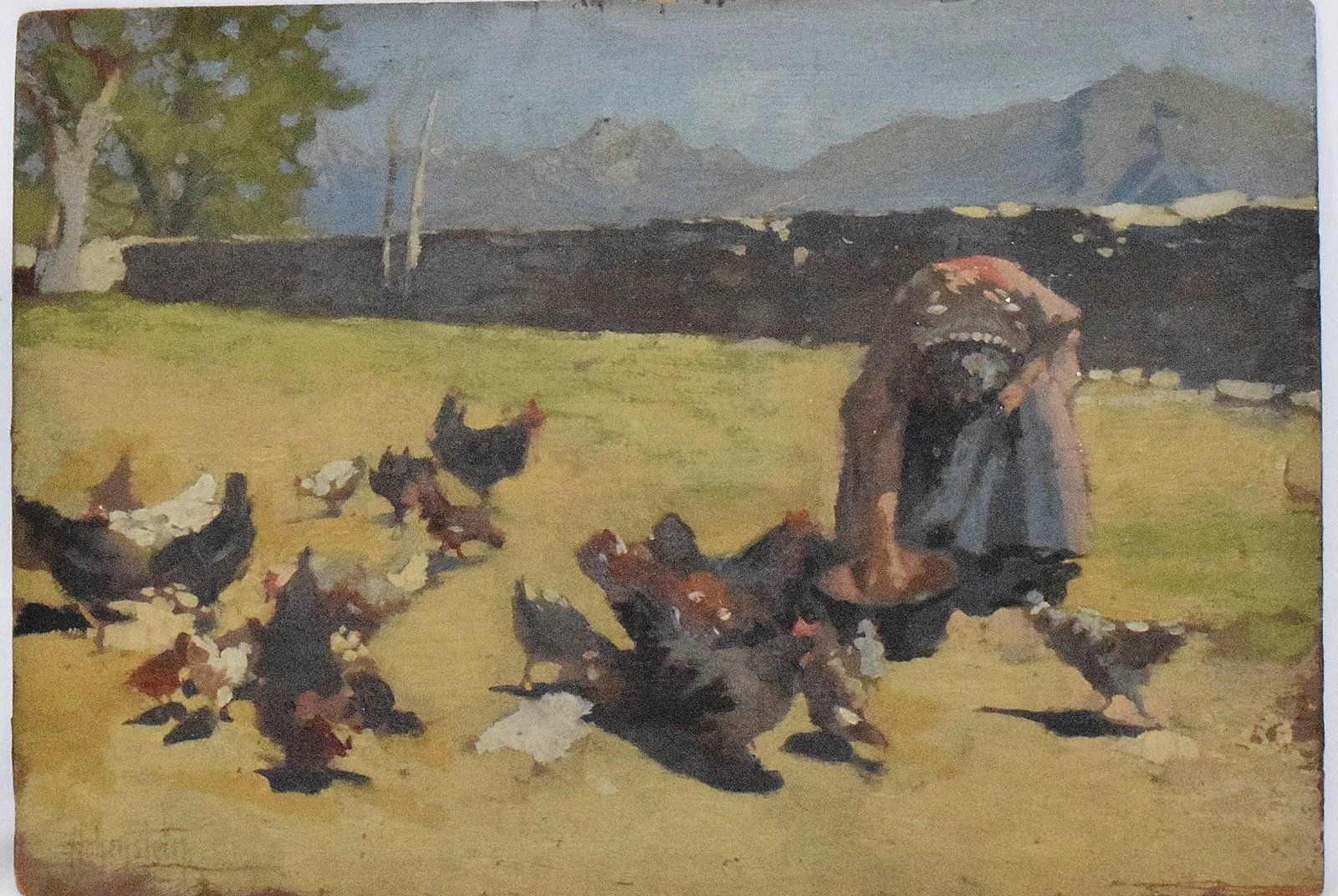 ADOLF HOHENSTEIN 1854-1928 BARNYARD OIL PAINTING: Adolf Hohenstein (1854-1928) Russian. Oil on board. Image 12 3/4 inches x 8 3/4 inches. Signed lower left A Mohenstein. Older woman feeding chickens. Unframed. Good condition.