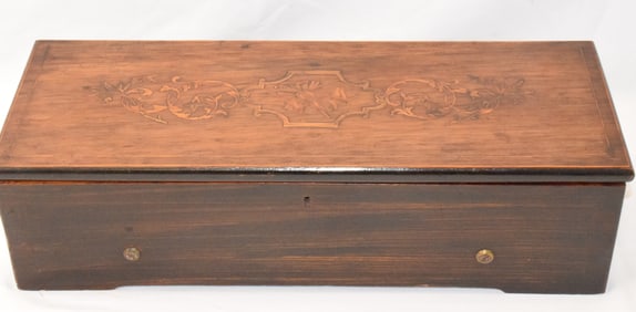 19TH SWISS MARQUETRY INLAID MUSIC BOX, 6 TUNES