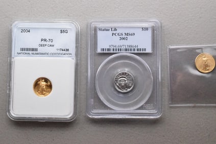 2 $5 GOLD EAGLE COINS & A $10 PLATINUM STATUE LIB
